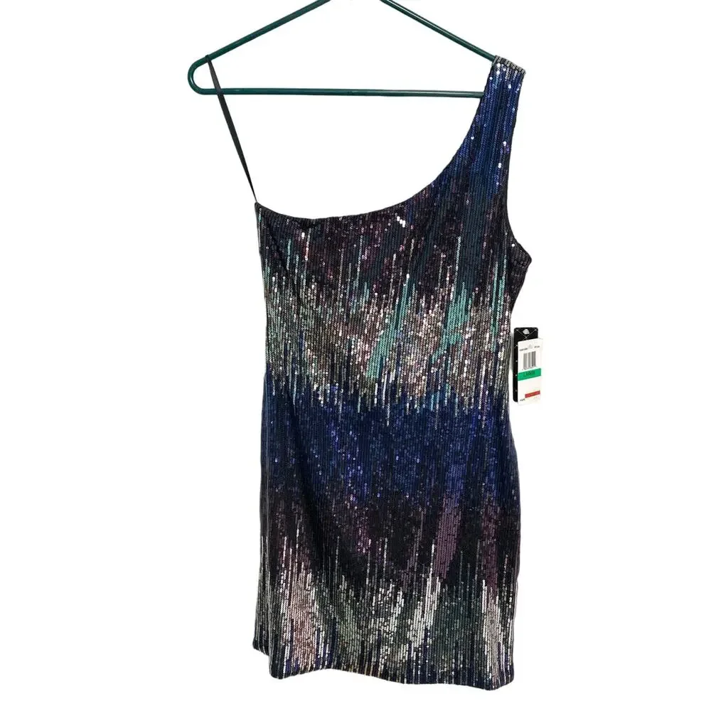 As U Wish One Shoulder Blue Silver Sequin Dress Size Large